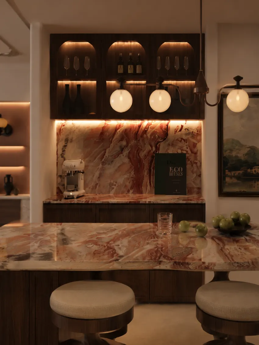 Marble feature wall with warm pendant lighting
