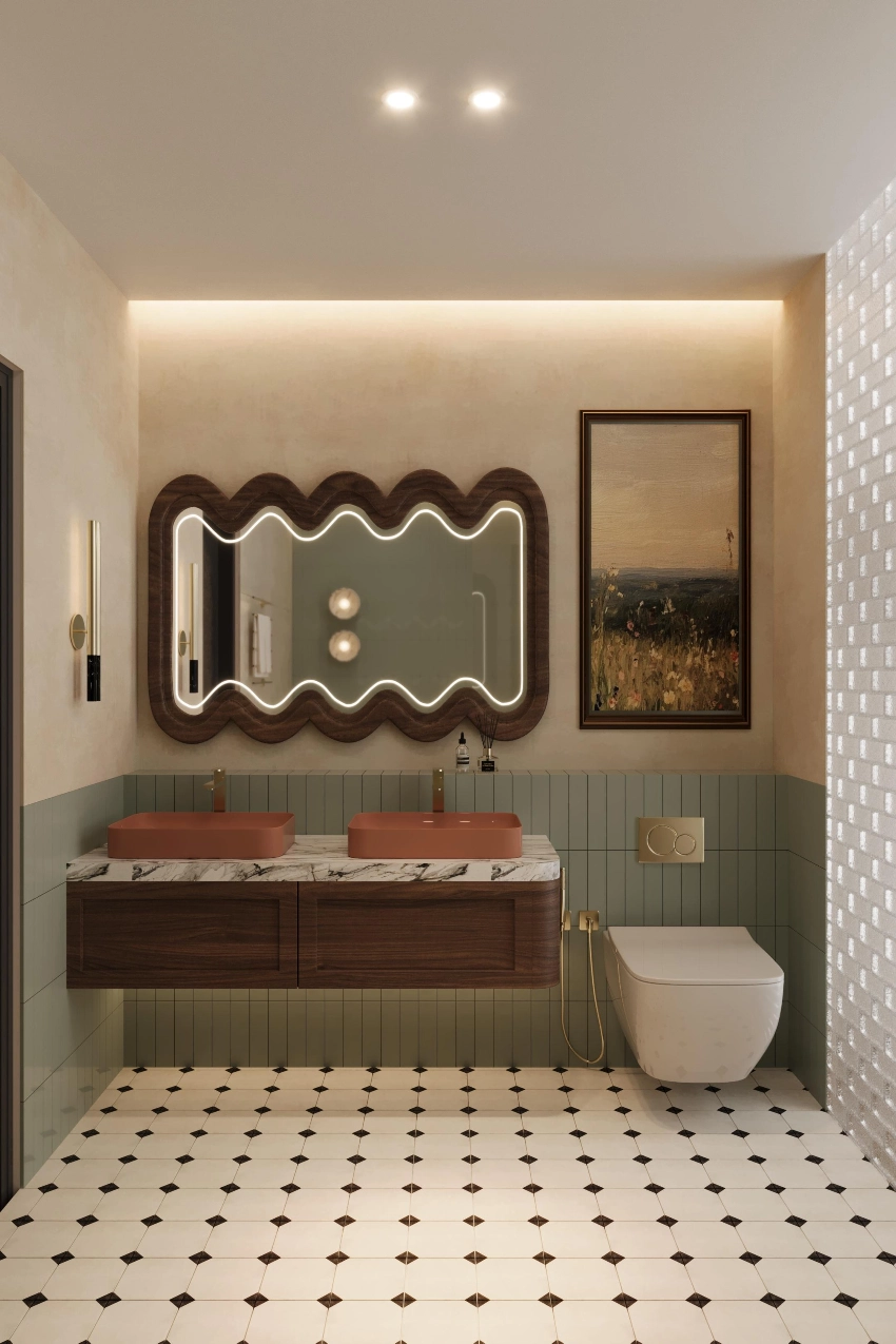Bathroom vanity with a wavy mirror
