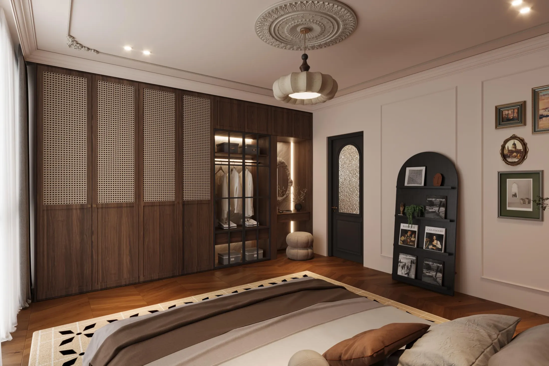 Bedroom with timber wardrobe and arched shelving