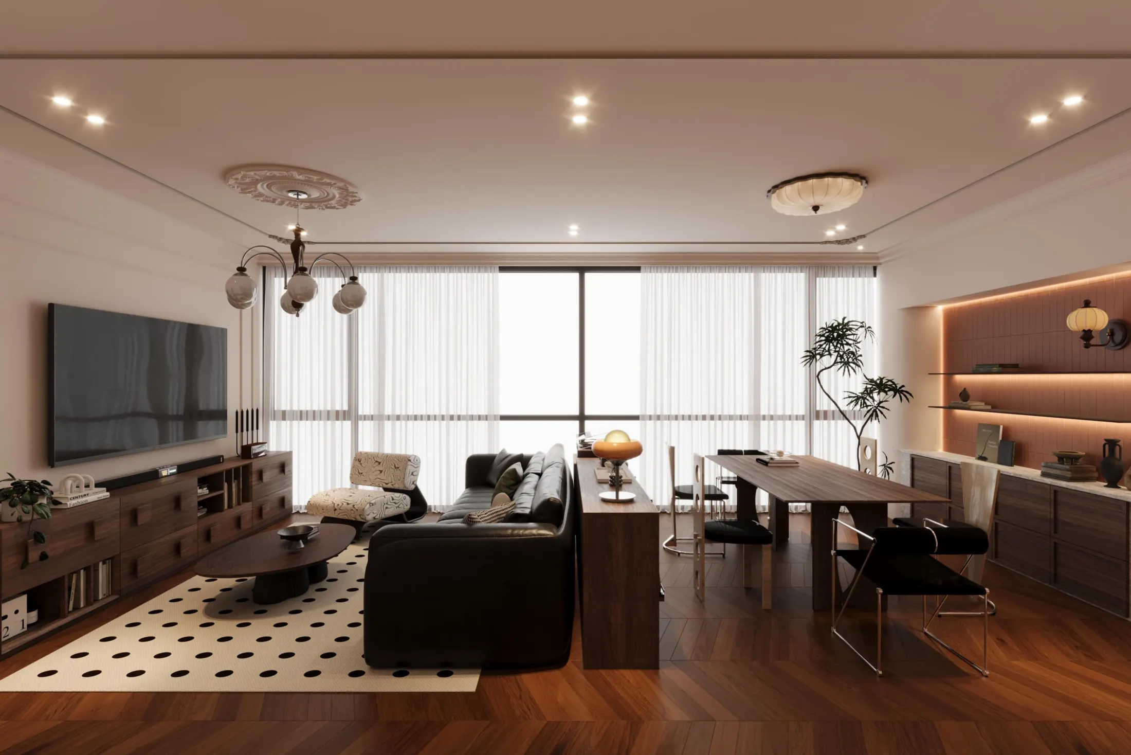 Warm living and dining space with timber shelving and pendant lights